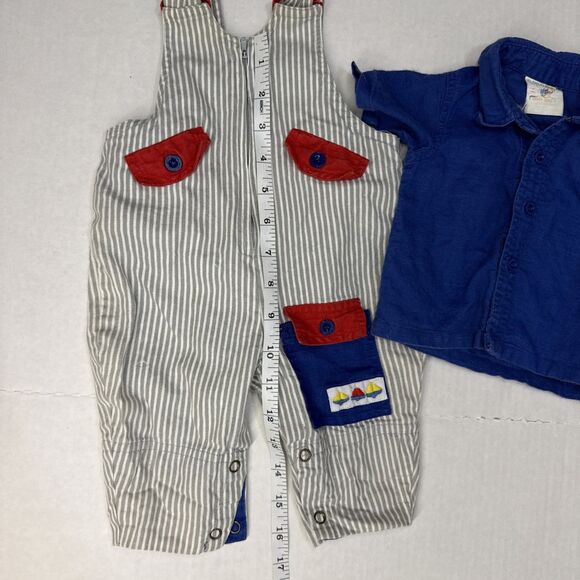 Vintage Happy Kids Gray Stipe Bib Overalls & Button Blue Shirt Size 3-6 Months - Picture 12 of 13